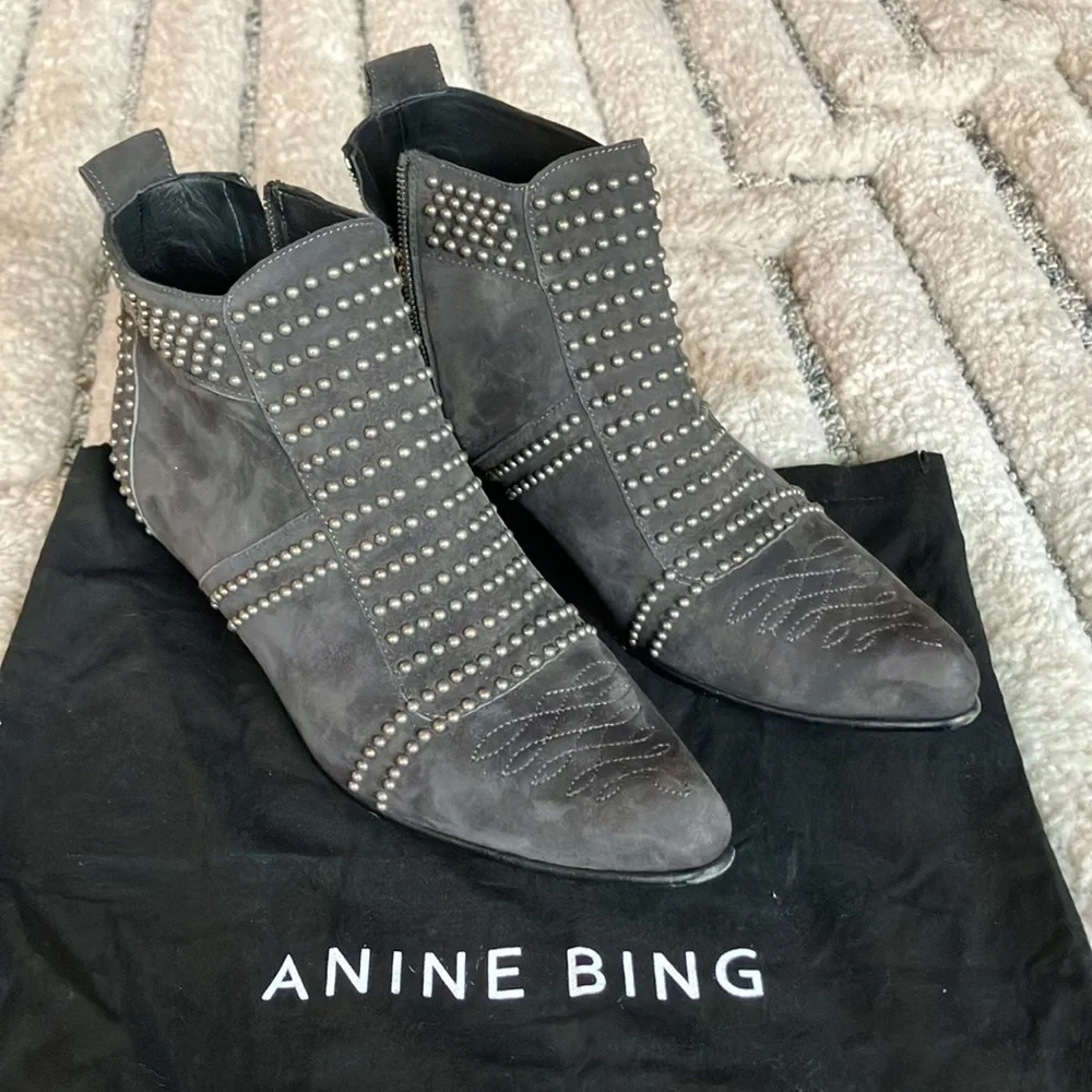 Anine Bing Women's Studded Grey Suede Ankle Boots